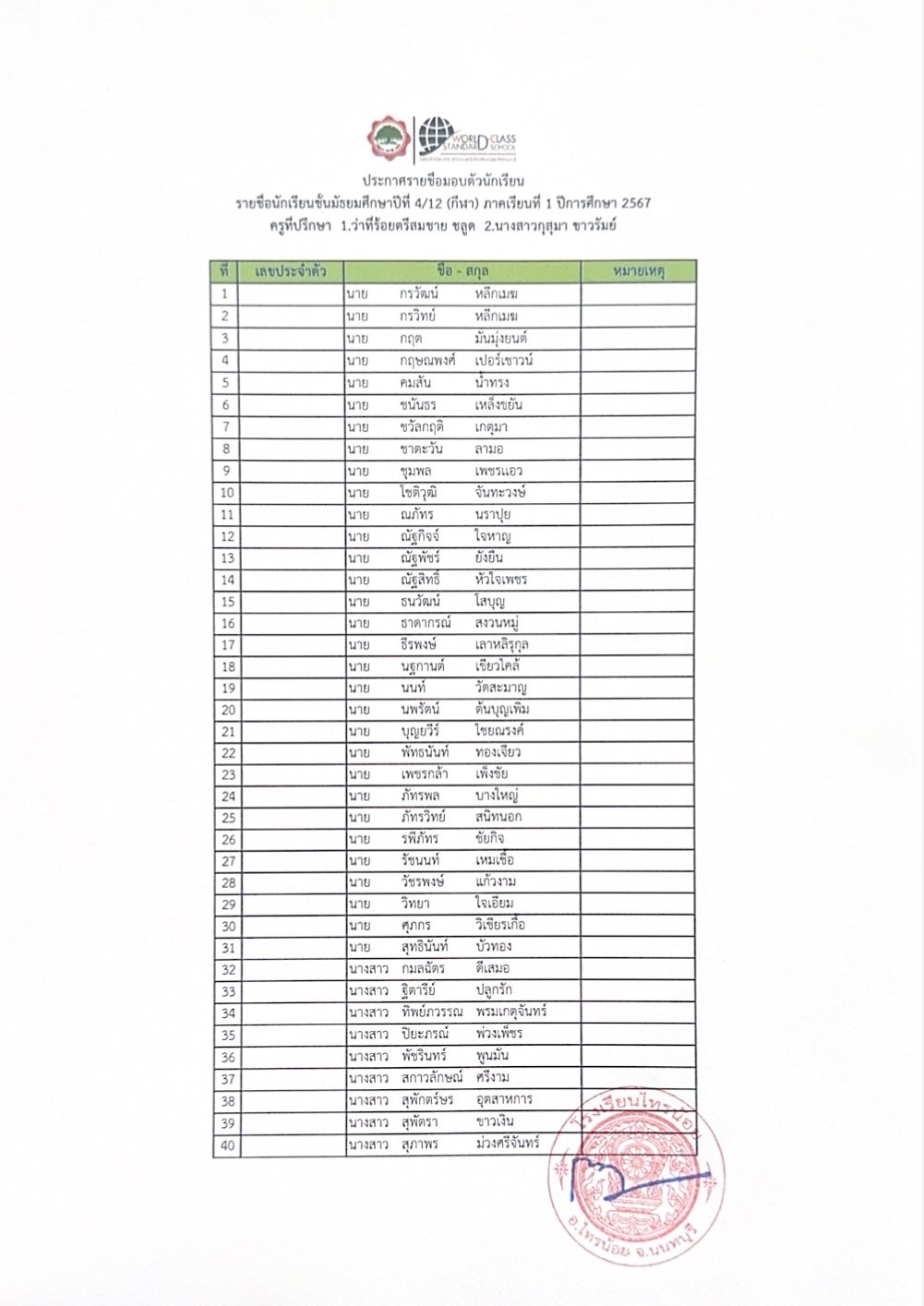 66 03 27 รายชื่อมอบตัว ม.4 12