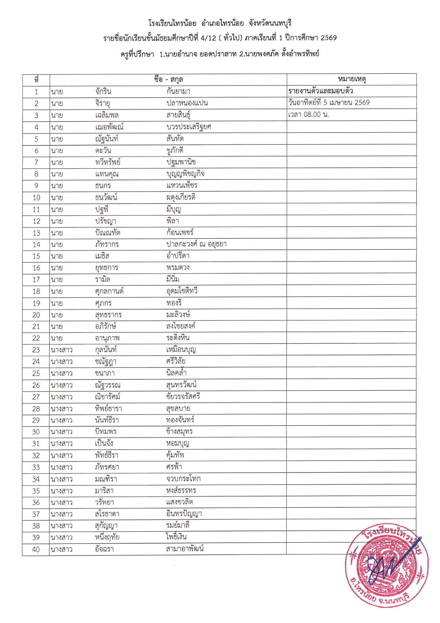 ประกาศห้องเรียน ม.4 12