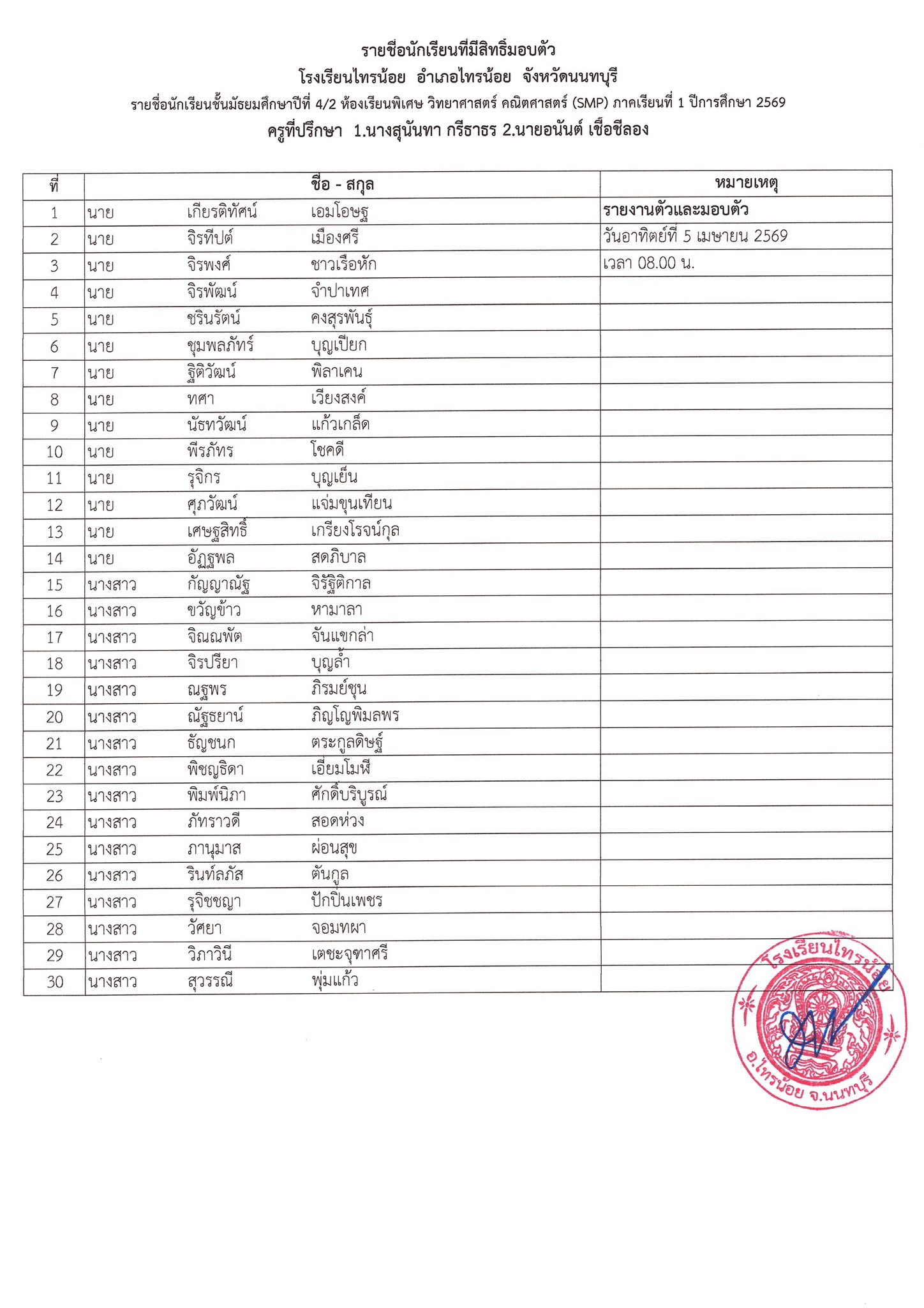 ประกาศห้องเรียน ม.4 2