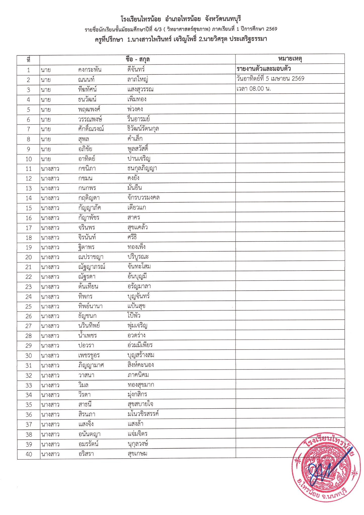 ประกาศห้องเรียน ม.4 3