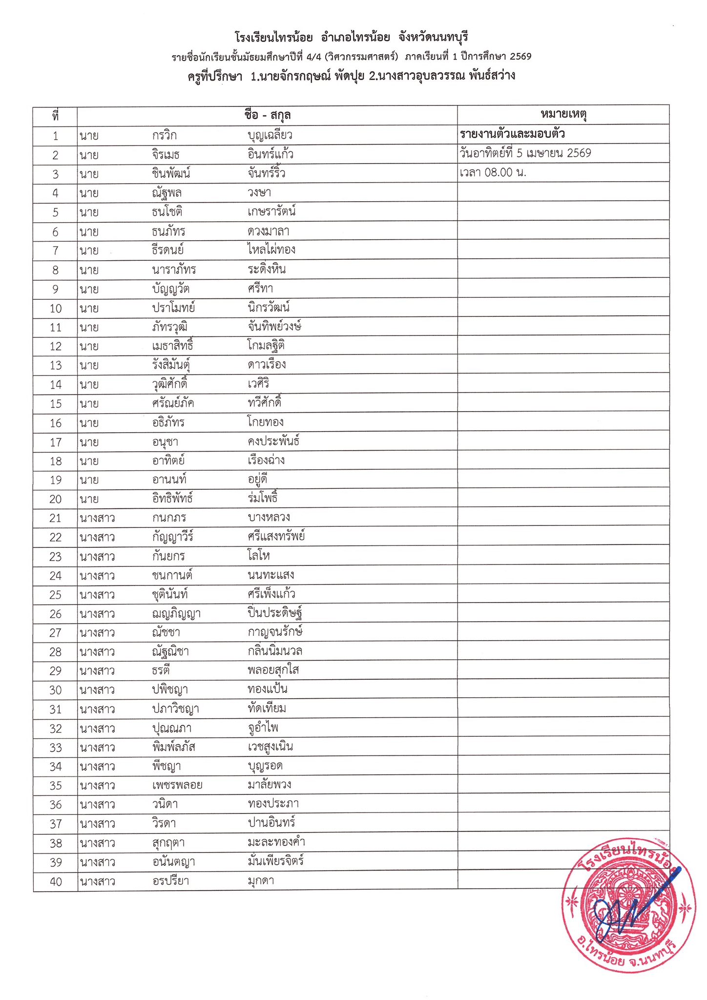 ประกาศห้องเรียน ม.4 4