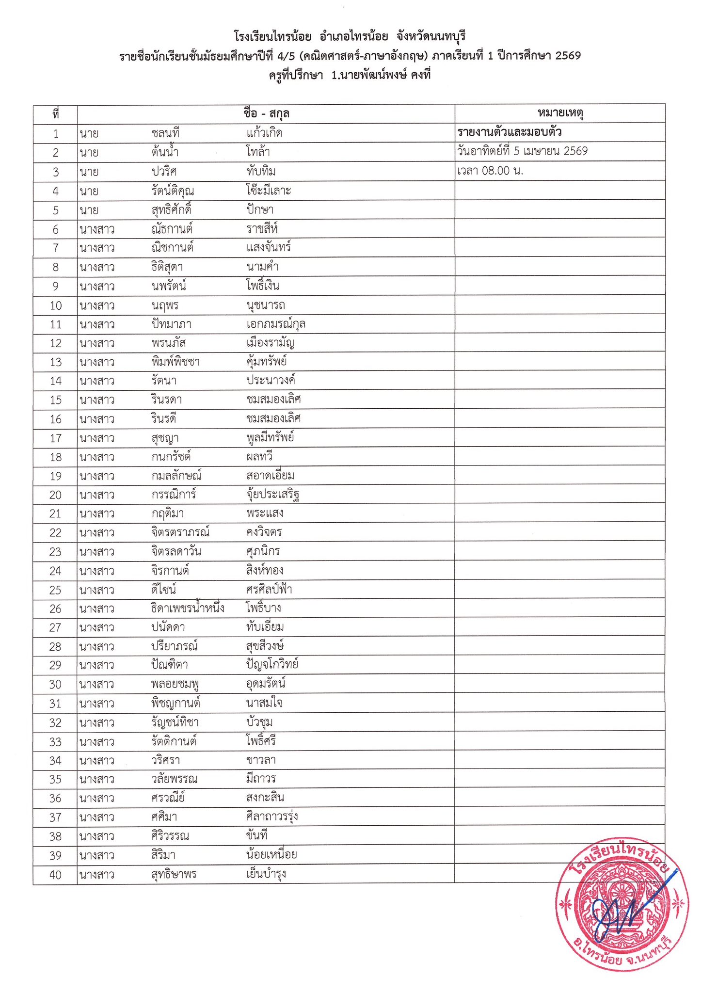 ประกาศห้องเรียน ม.4 5