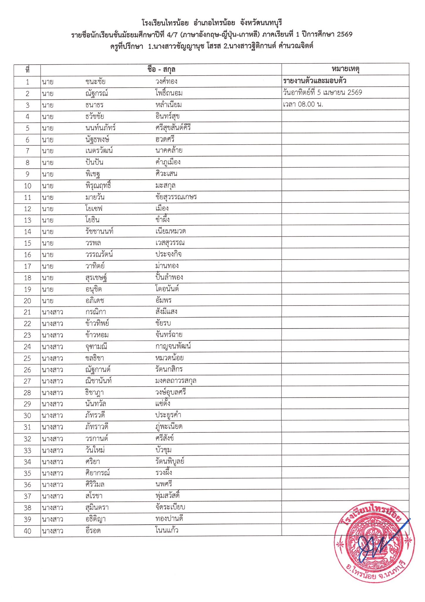 ประกาศห้องเรียน ม.4 7