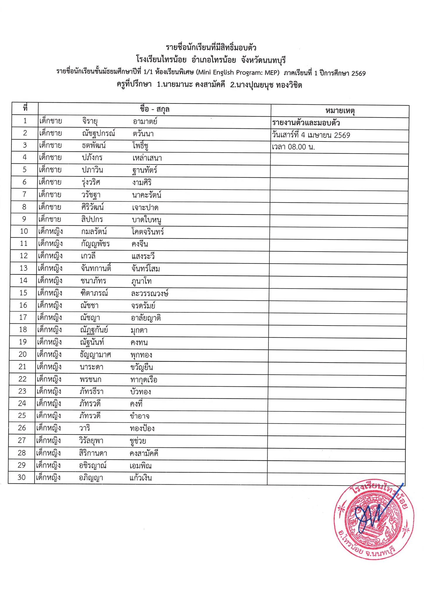 ประกาศห้องเรียน ระดับชั้น ม.1 1
