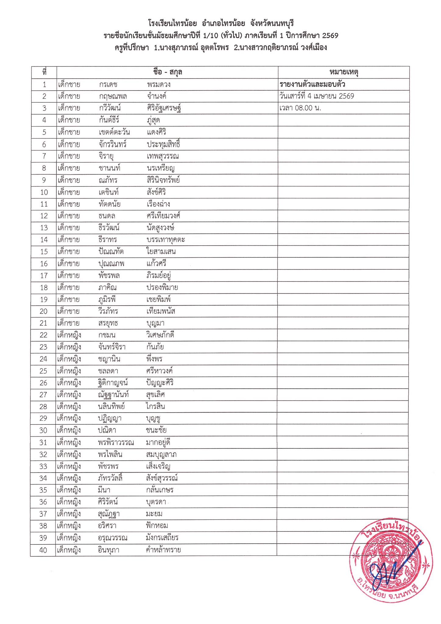 ประกาศห้องเรียน ระดับชั้น ม.1 10