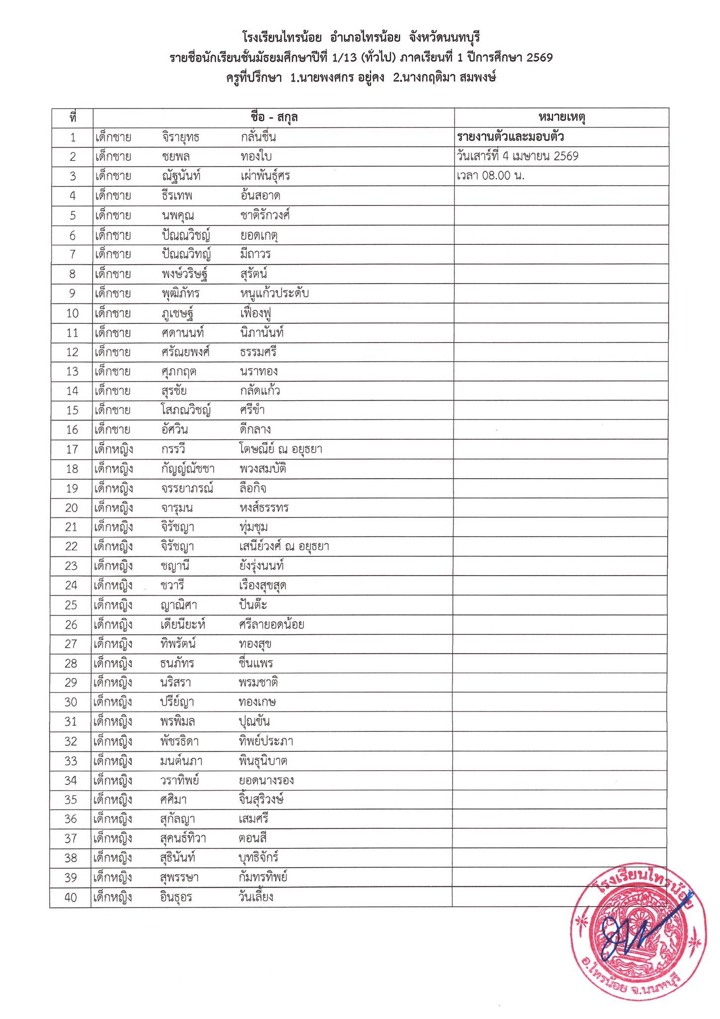 ประกาศห้องเรียน ระดับชั้น ม.1 13