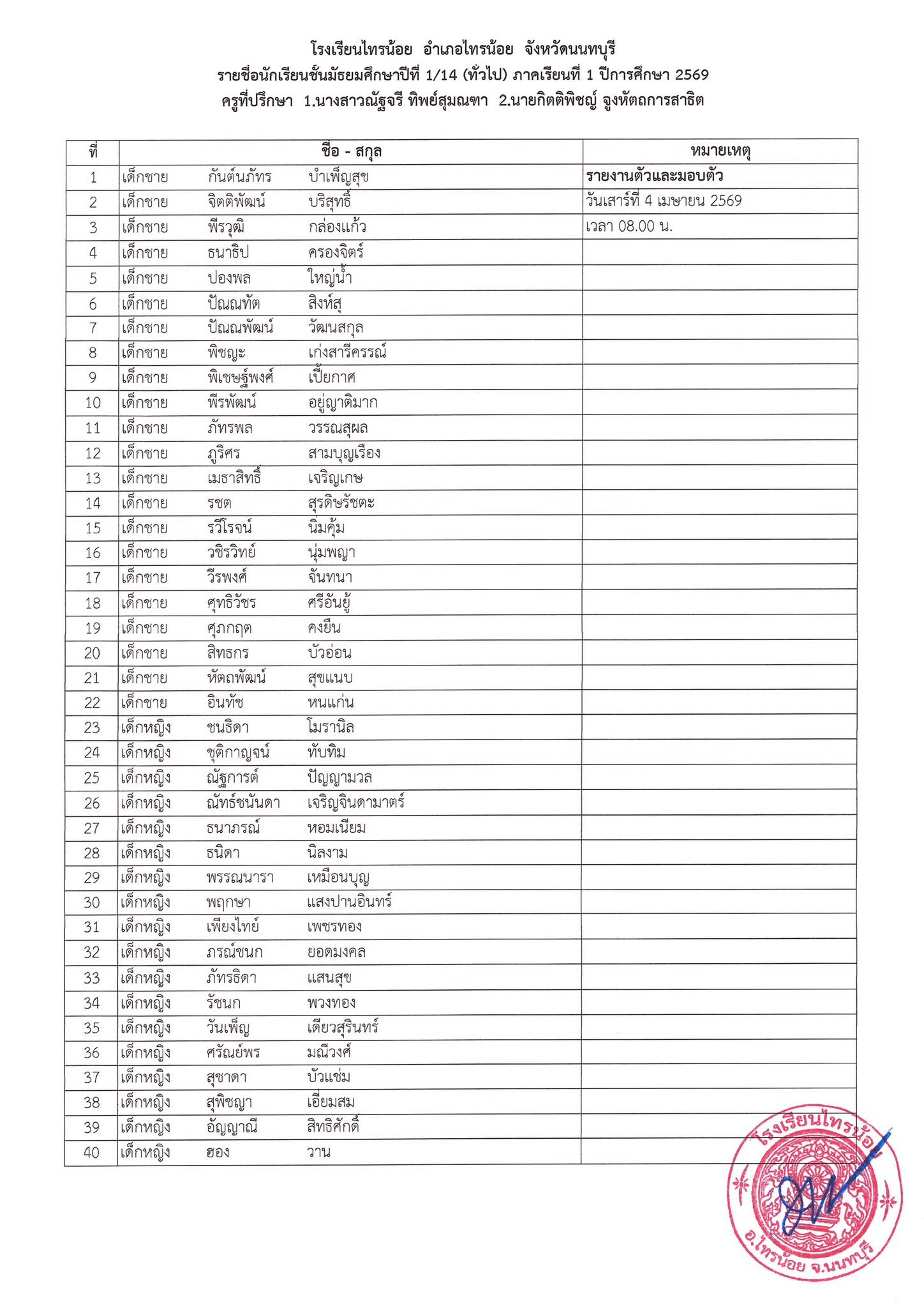ประกาศห้องเรียน ระดับชั้น ม.1 14