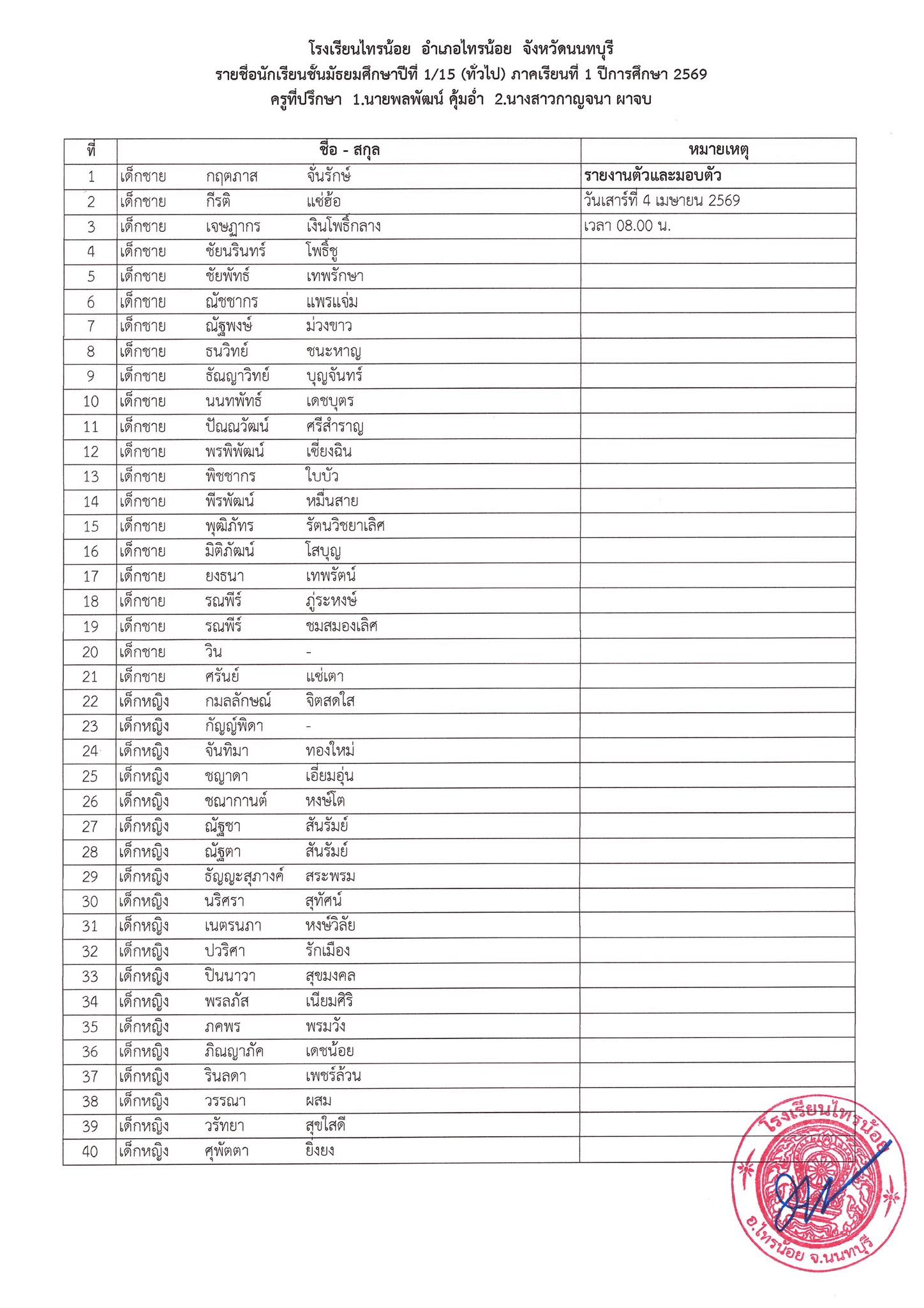 ประกาศห้องเรียน ระดับชั้น ม.1 15