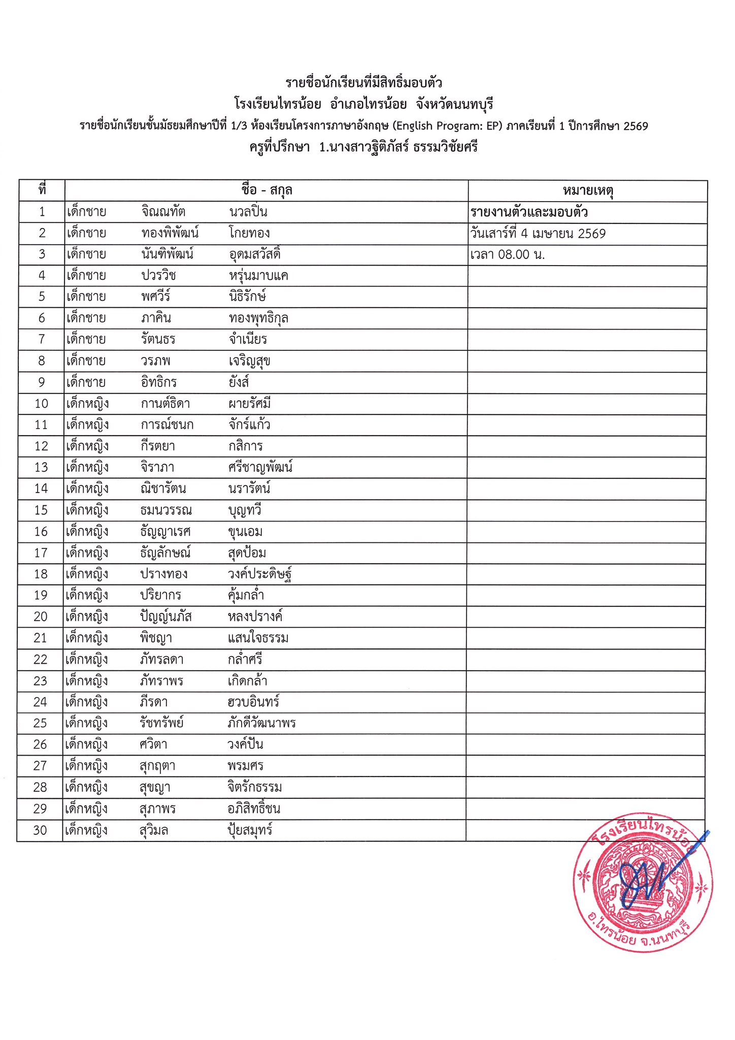 ประกาศห้องเรียน ระดับชั้น ม.1 3