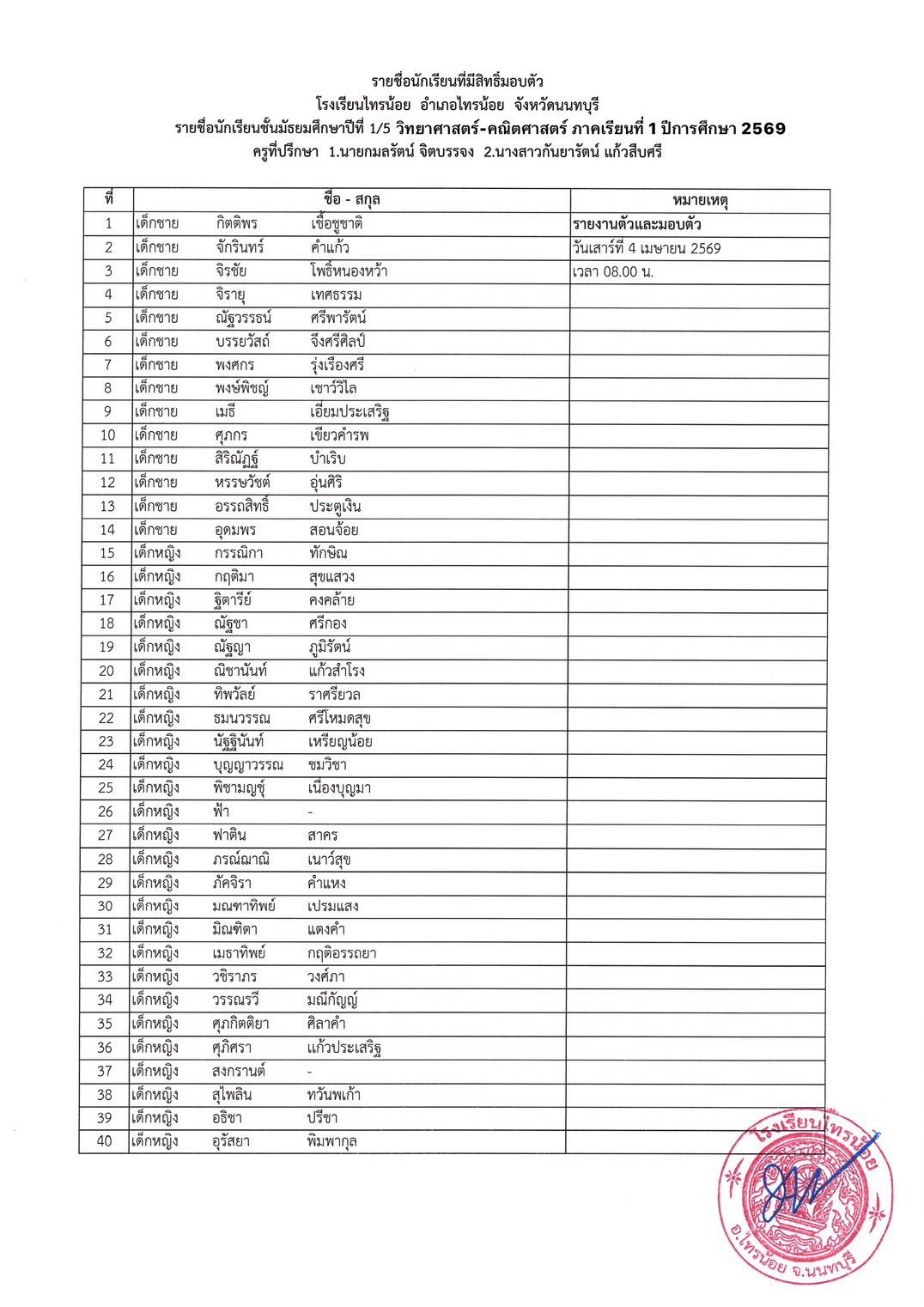 ประกาศห้องเรียน ระดับชั้น ม.1 5