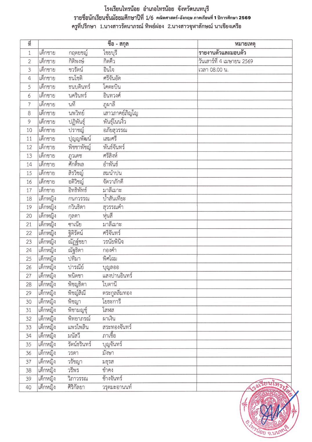 ประกาศห้องเรียน ระดับชั้น ม.1 6