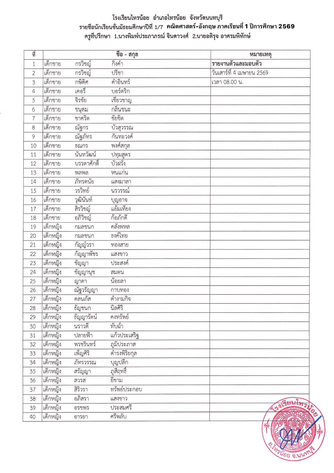 ประกาศห้องเรียน ระดับชั้น ม.1 7