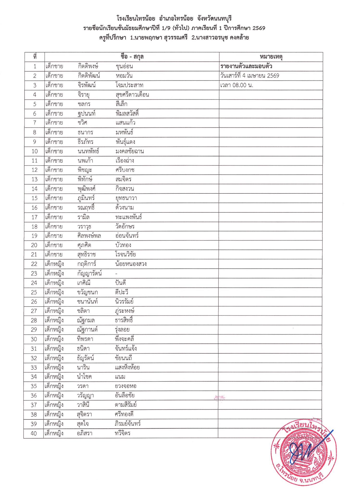 ประกาศห้องเรียน ระดับชั้น ม.1 9