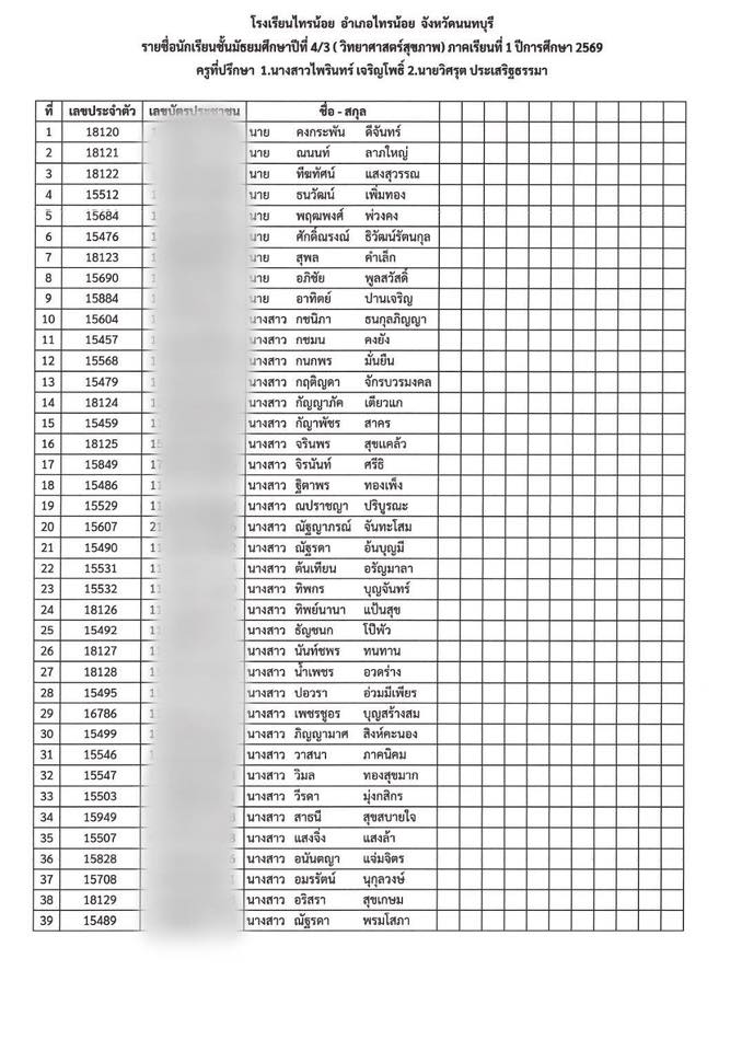รหัสประจำตัว นักเรียน ม.4 3