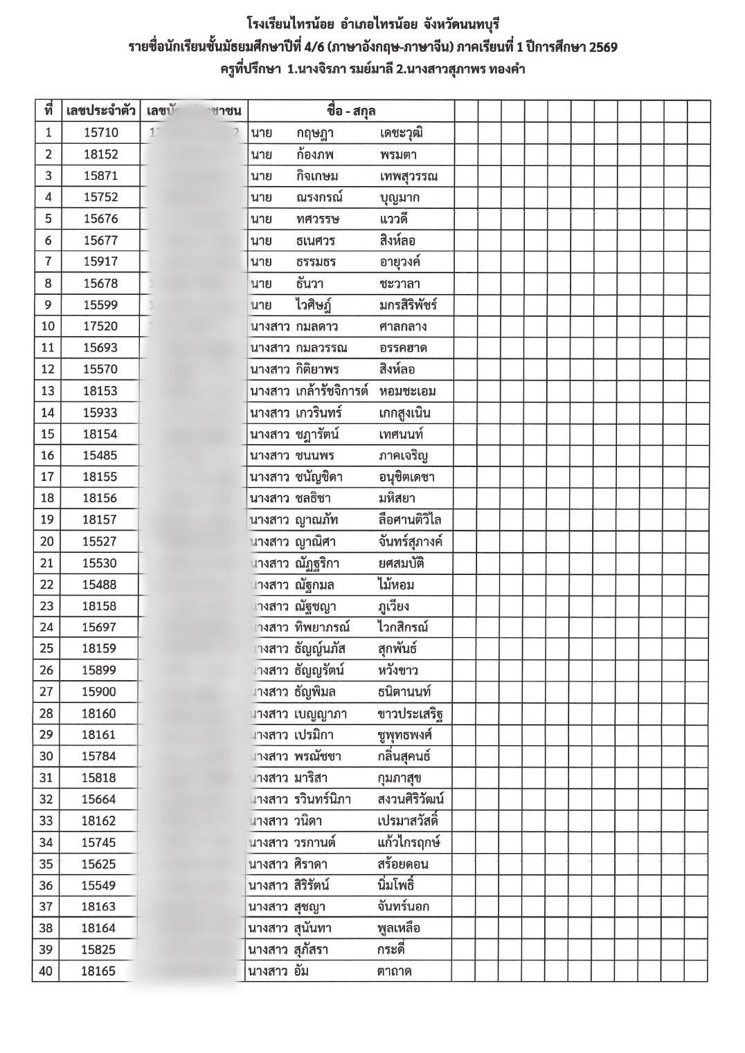 รหัสประจำตัว นักเรียน ม.4 6