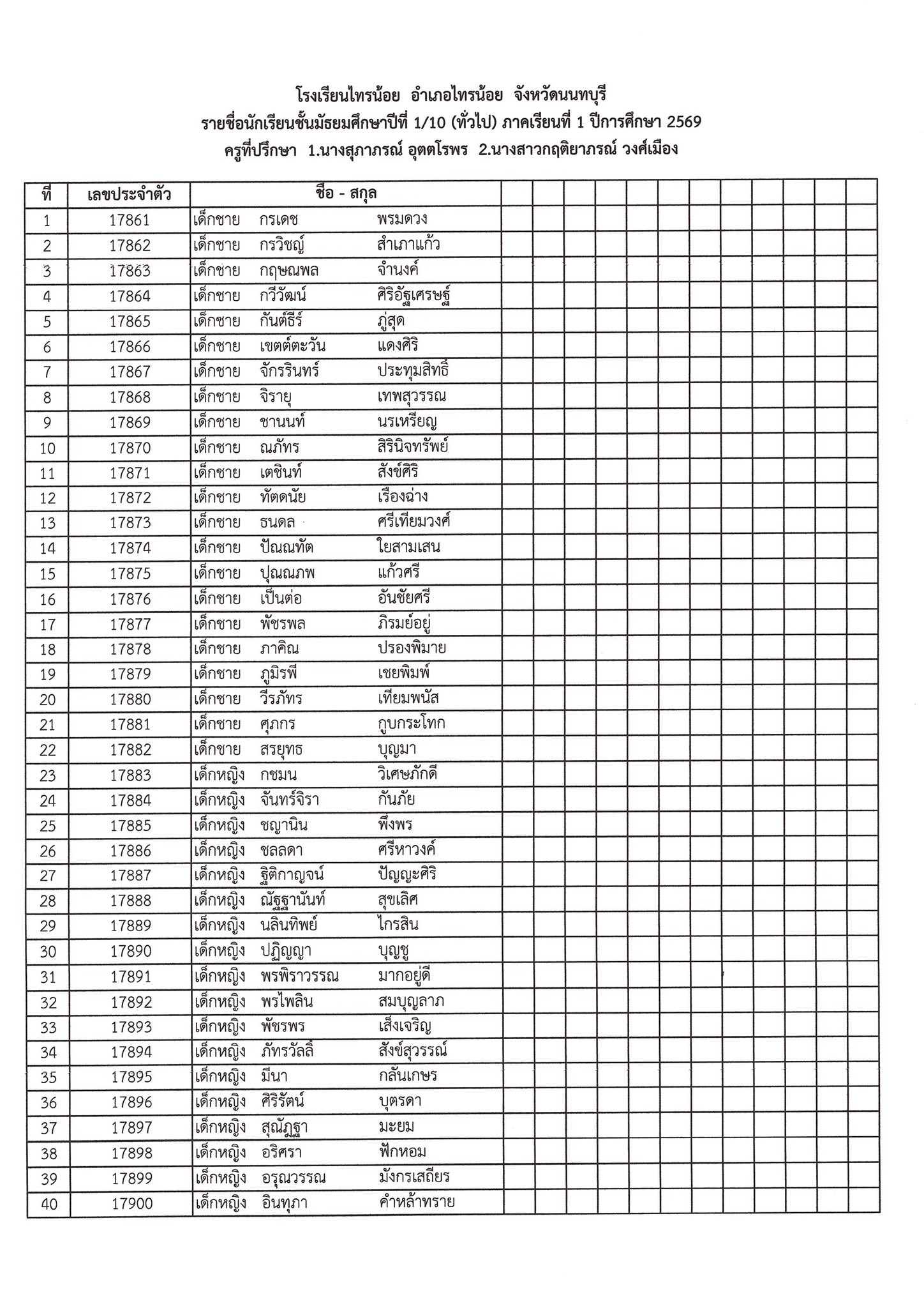 รหัสประจำตัวนักเรียนชั้น ม.1 10