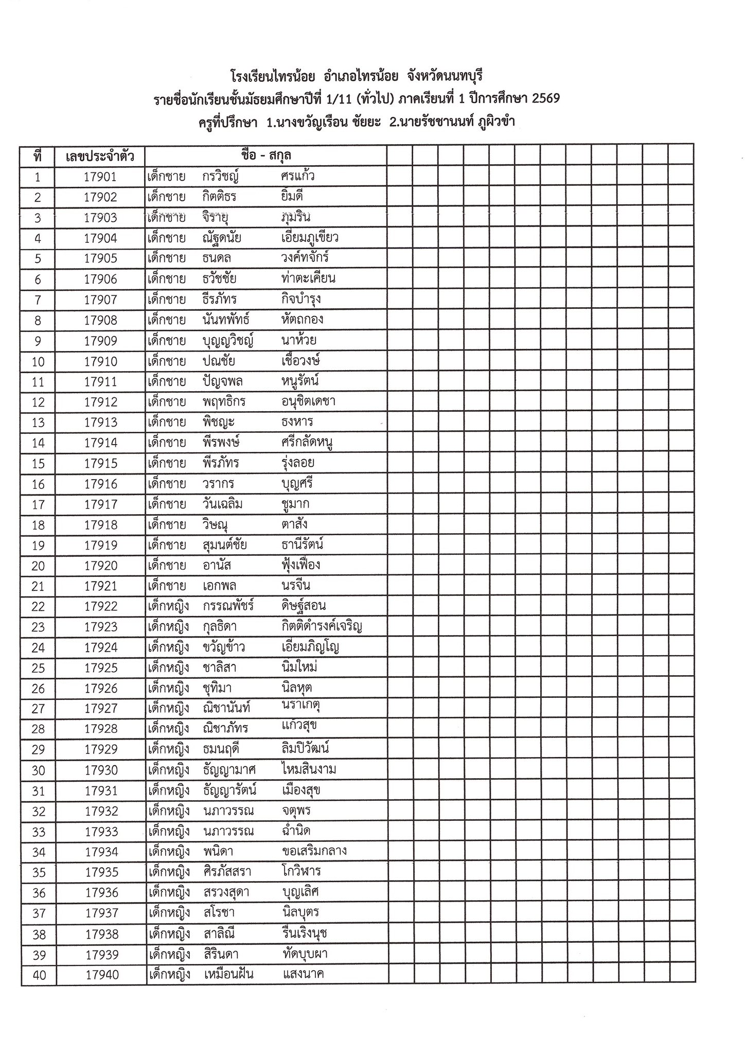 รหัสประจำตัวนักเรียนชั้น ม.1 11