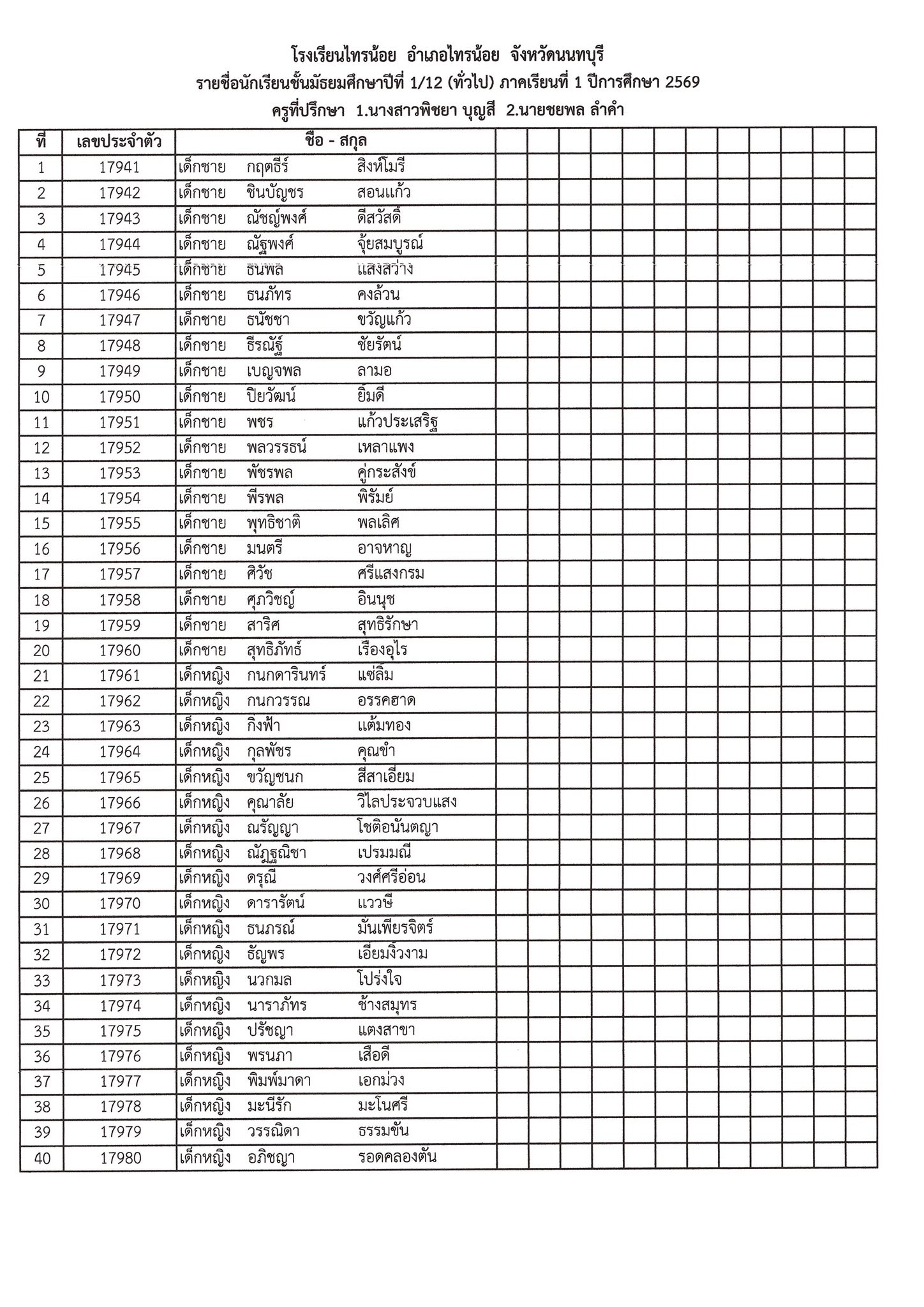รหัสประจำตัวนักเรียนชั้น ม.1 12