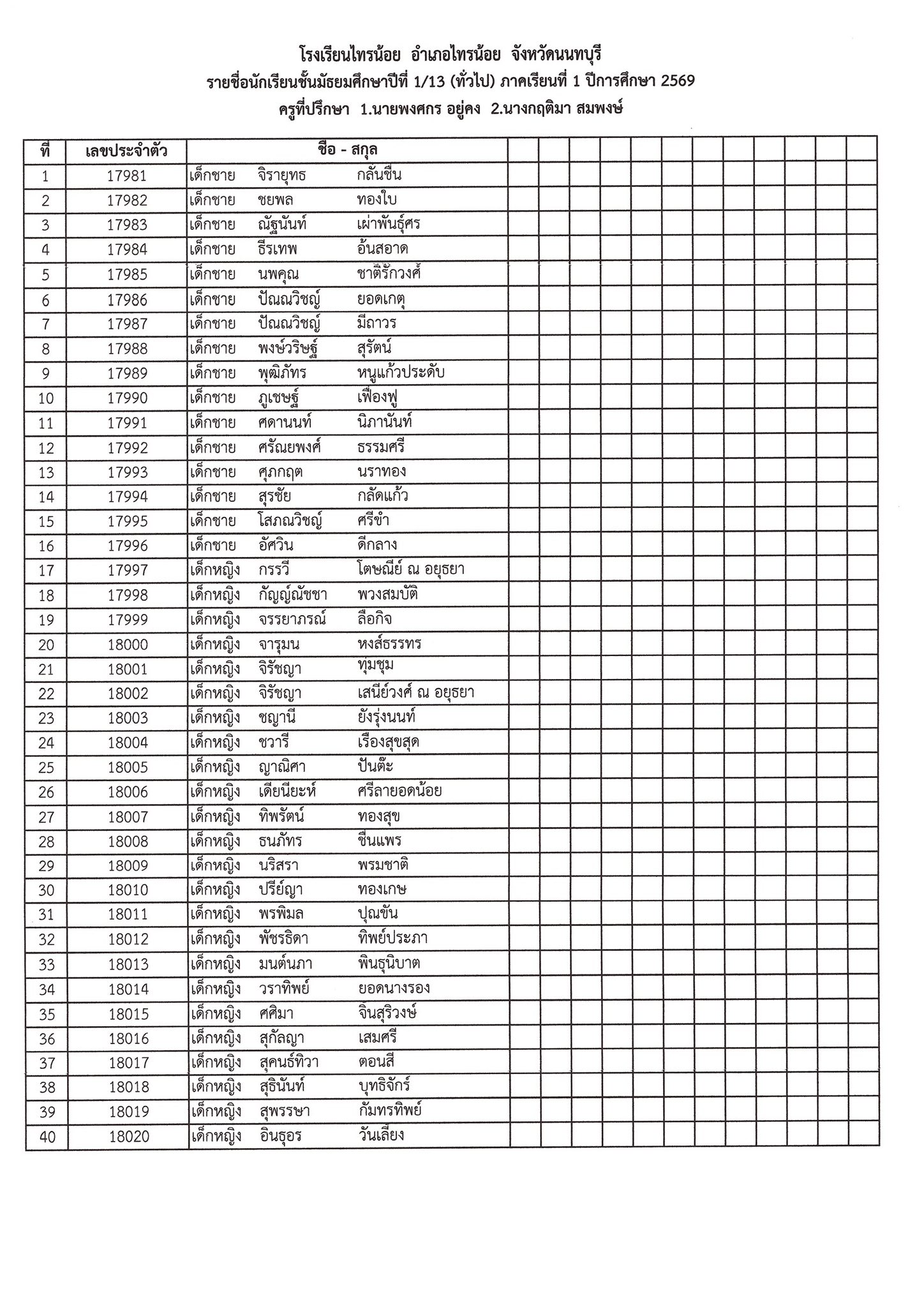 รหัสประจำตัวนักเรียนชั้น ม.1 13
