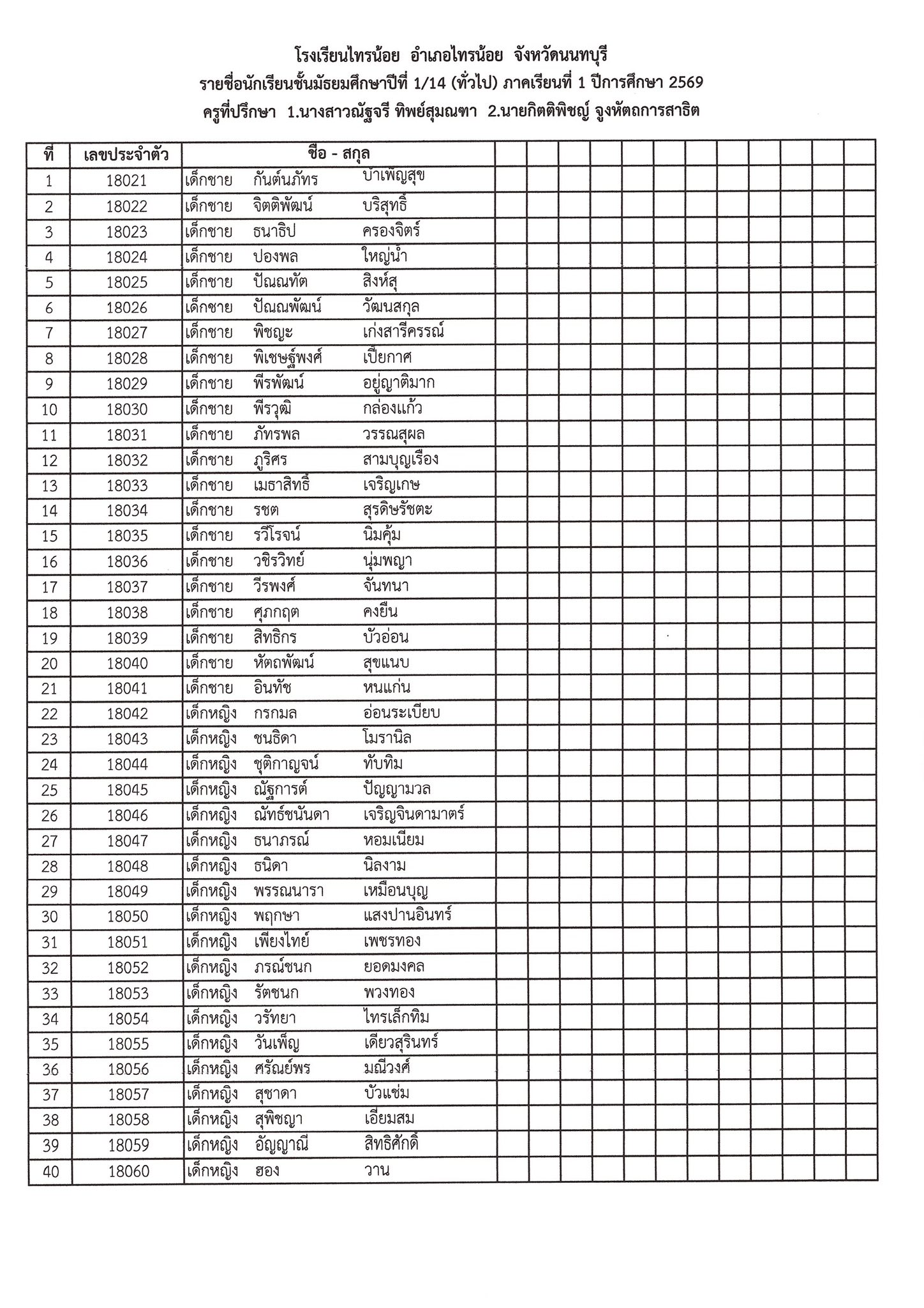 รหัสประจำตัวนักเรียนชั้น ม.1 14