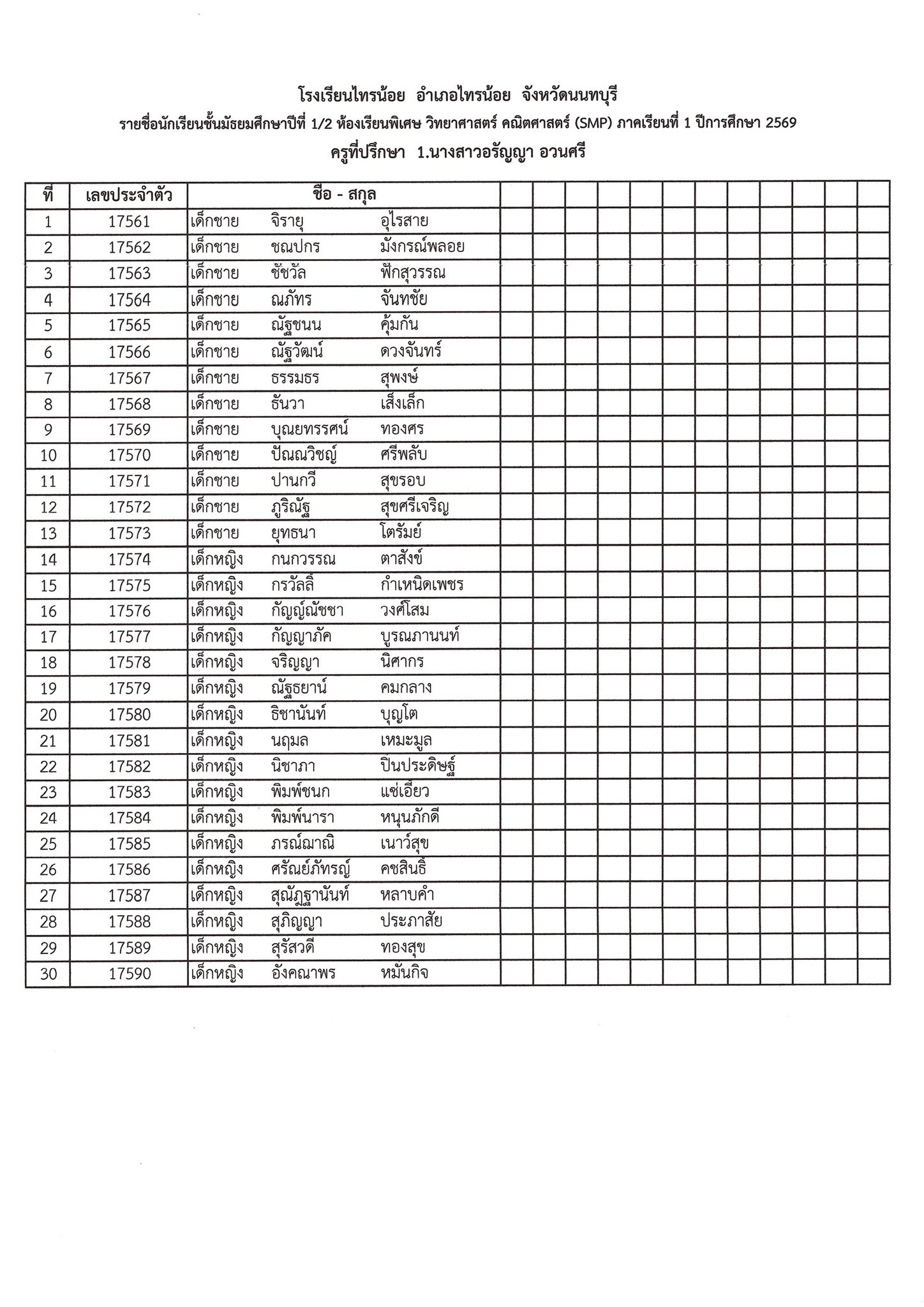 รหัสประจำตัวนักเรียนชั้น ม.1 2