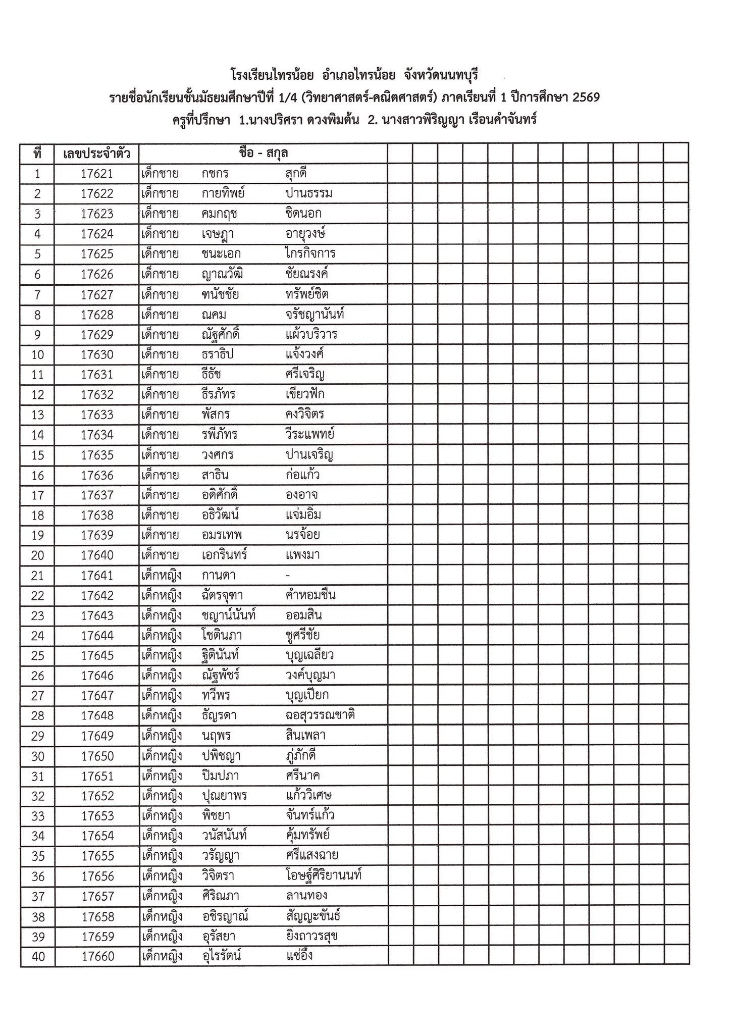 รหัสประจำตัวนักเรียนชั้น ม.1 4
