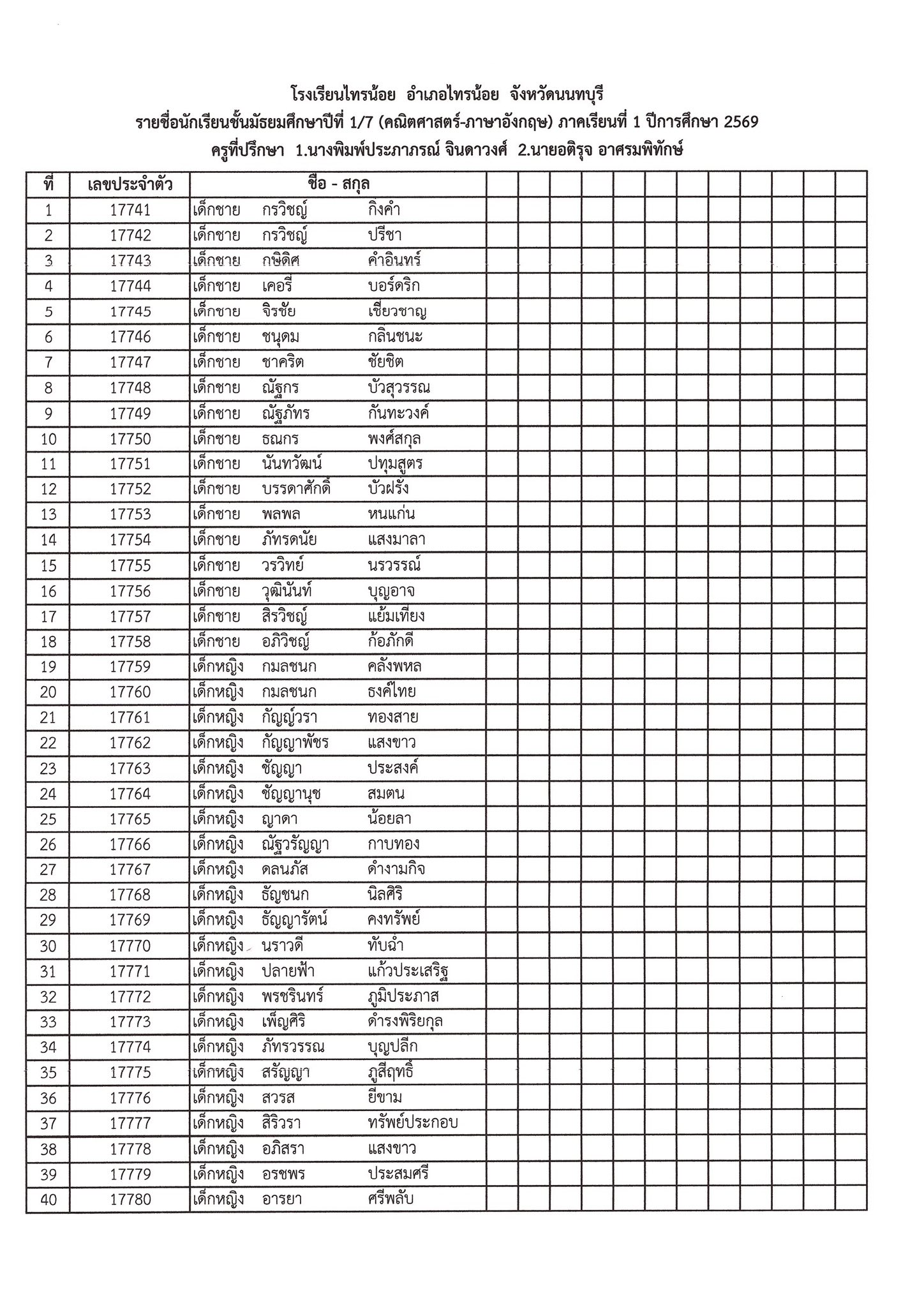 รหัสประจำตัวนักเรียนชั้น ม.1 7