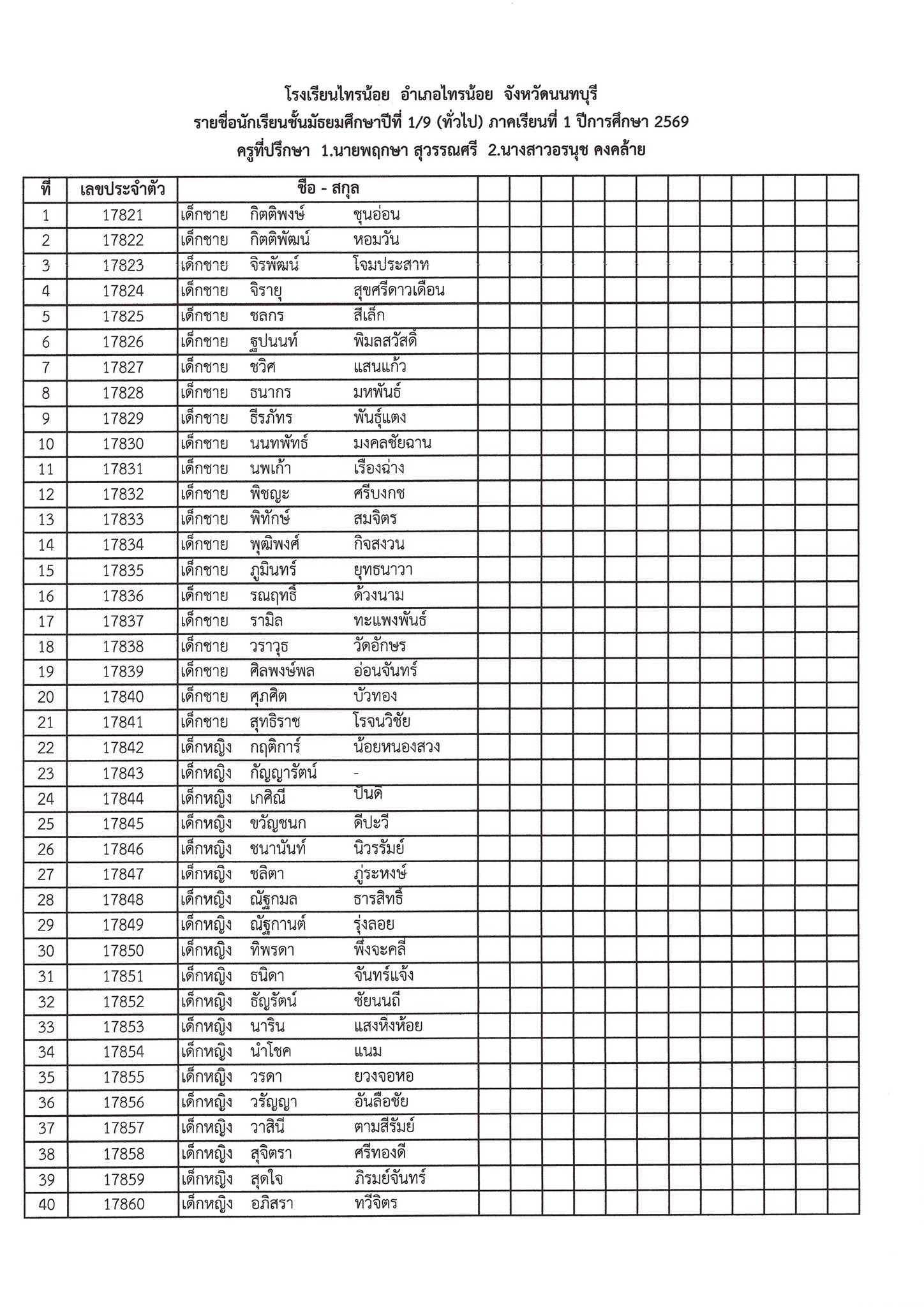 รหัสประจำตัวนักเรียนชั้น ม.1 9